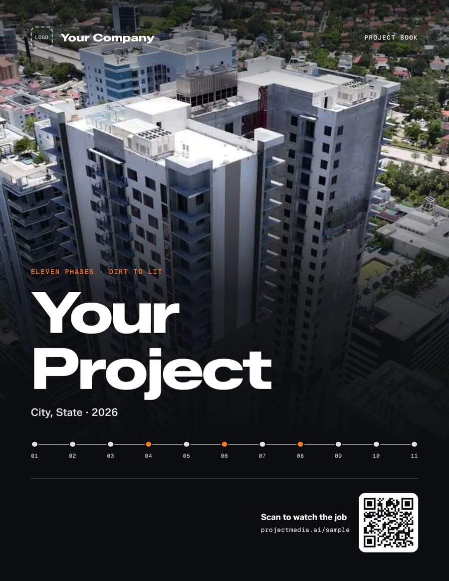 Front cover: Your Project by Your Company, a finished building seen from the air, the eleven-phase timeline and a QR code to watch the job