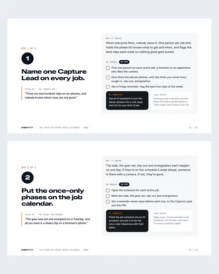 Slides 13 and 14 of the playbook: Win 1, name one Capture Lead on every job, and Win 2, put the once-only phases on the job calendar